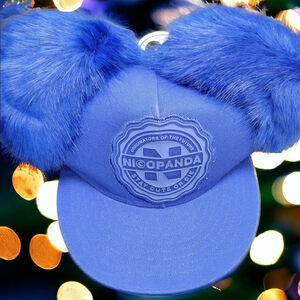 Nicopanda Blue Panda NWT University Patch Faux Fur Ear Puff Fitted Hat Cap M NR